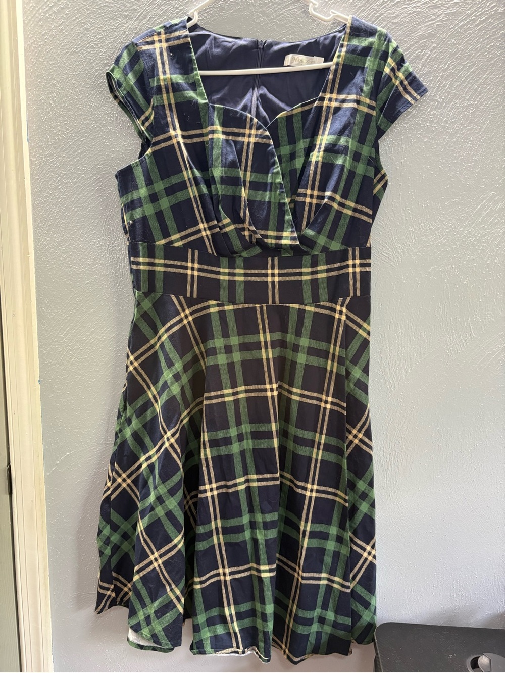 Navy and Green Plaid Midi Fit-and-Flare Dress